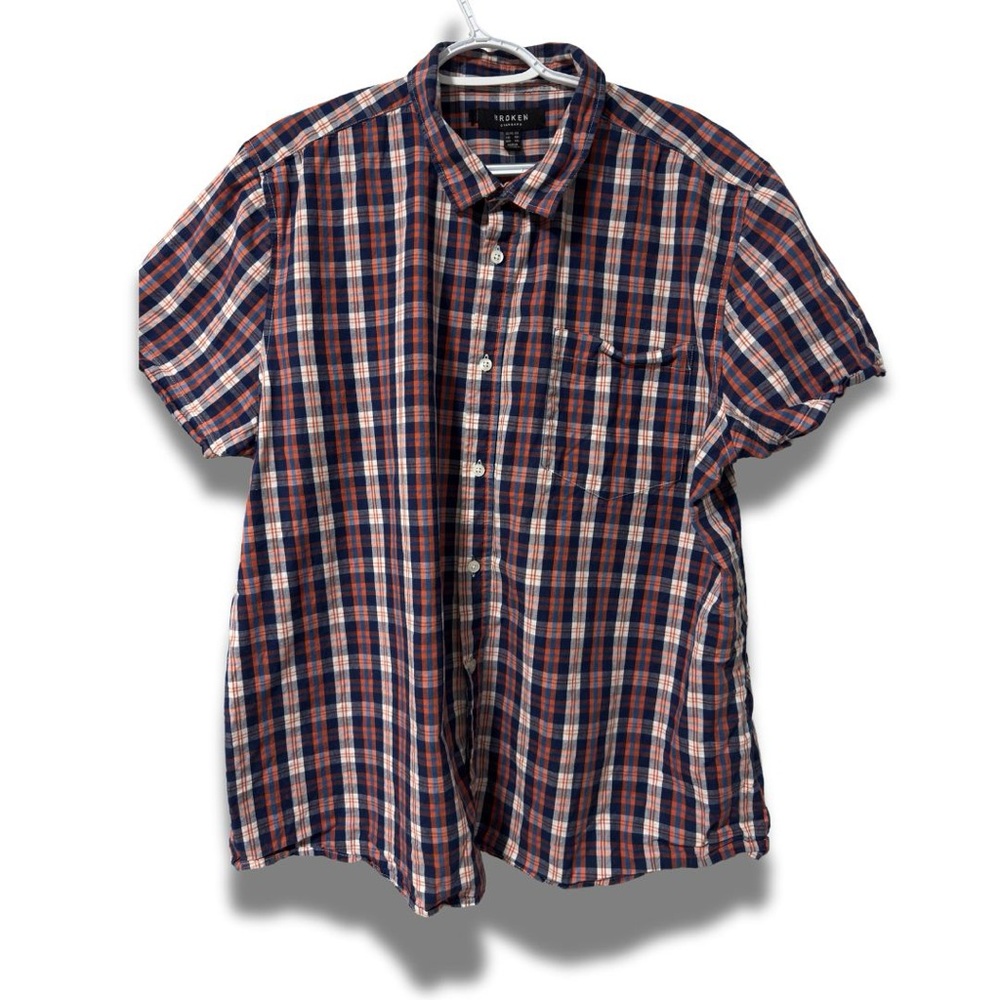 Broken Standard Men’s Short Sleeve Plaid Shirt | Navy & Rust | Size L